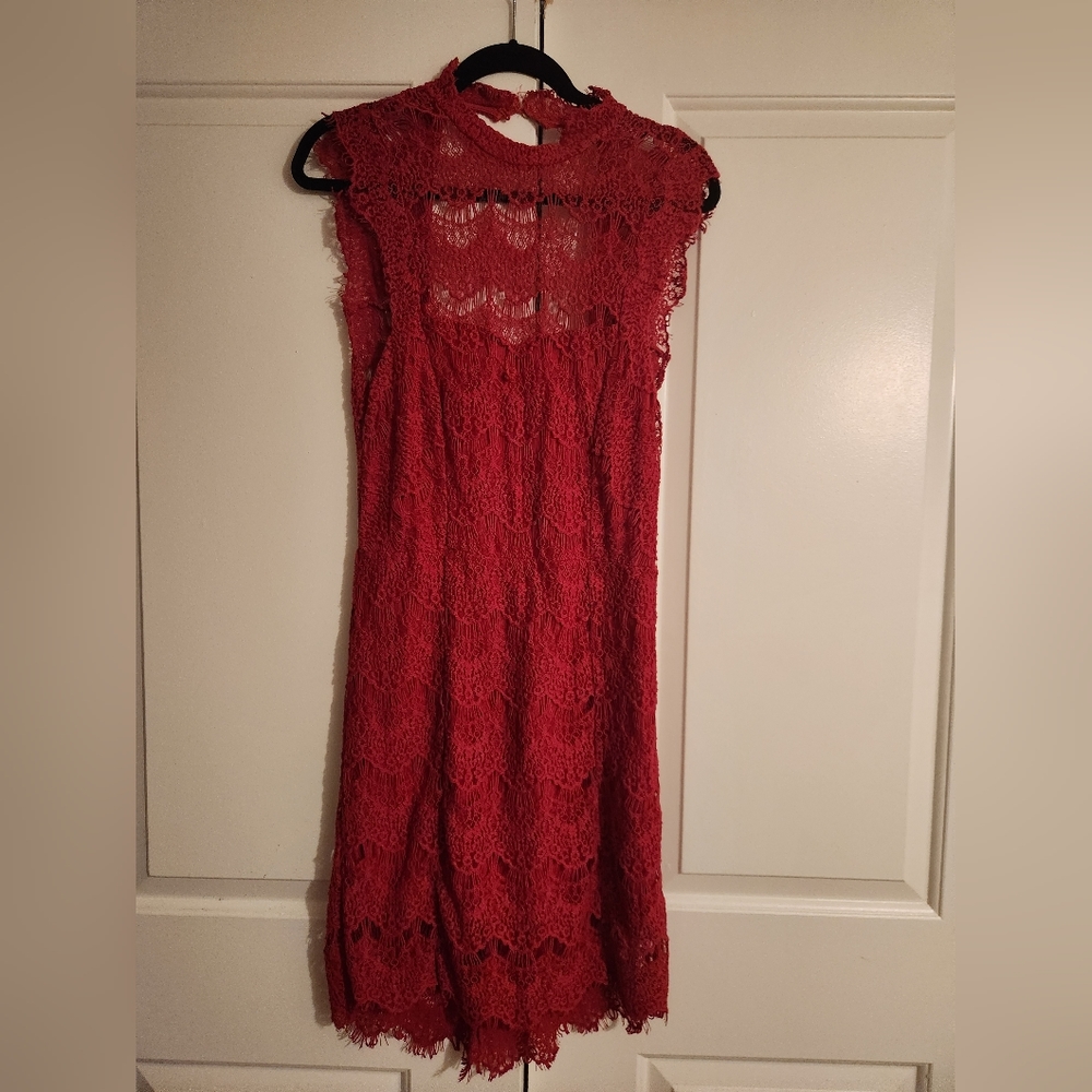FREE PEOPLE HIGH NECK BACKLESS RED LACE DRESS